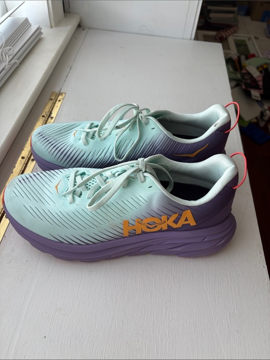 Hoka Shoes - Hoka Women's Mint Green and Purple Running Shoes with Orange Logo